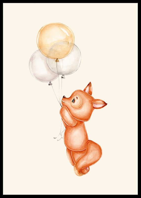 Watercolor illustration of little fox holding three balloons-12