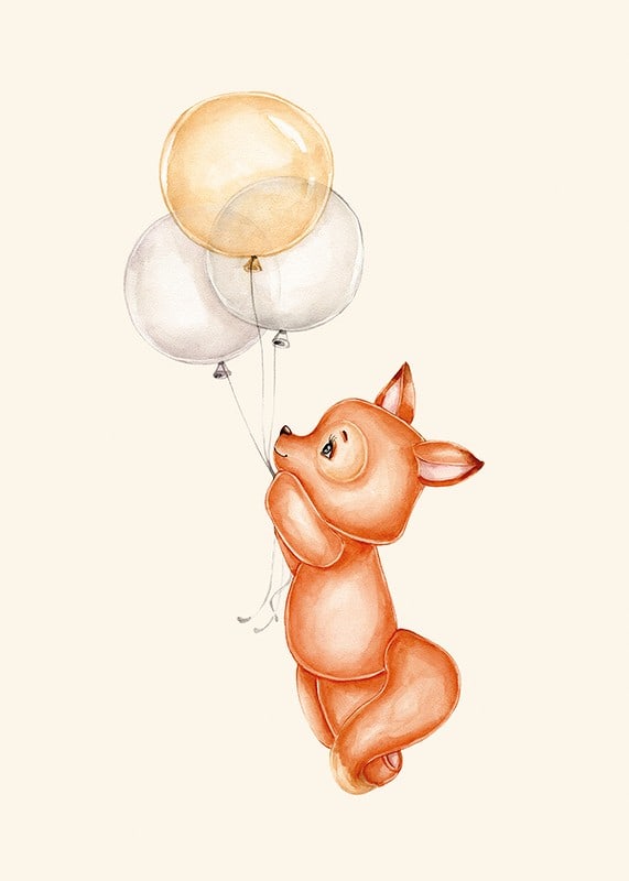 Watercolor illustration of little fox holding three balloons-12