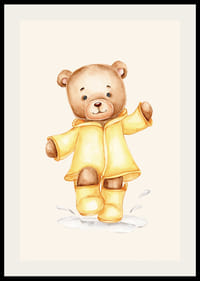 Akvarell illusztrációja plüssmackónak sárga esőkabátban bézs háttérrel-2