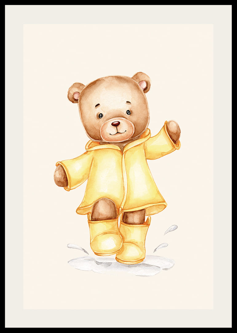 Akvarell illusztrációja plüssmackónak sárga esőkabátban bézs háttérrel-12
