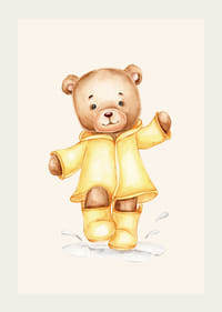 Akvarell illusztrációja plüssmackónak sárga esőkabátban bézs háttérrel-3