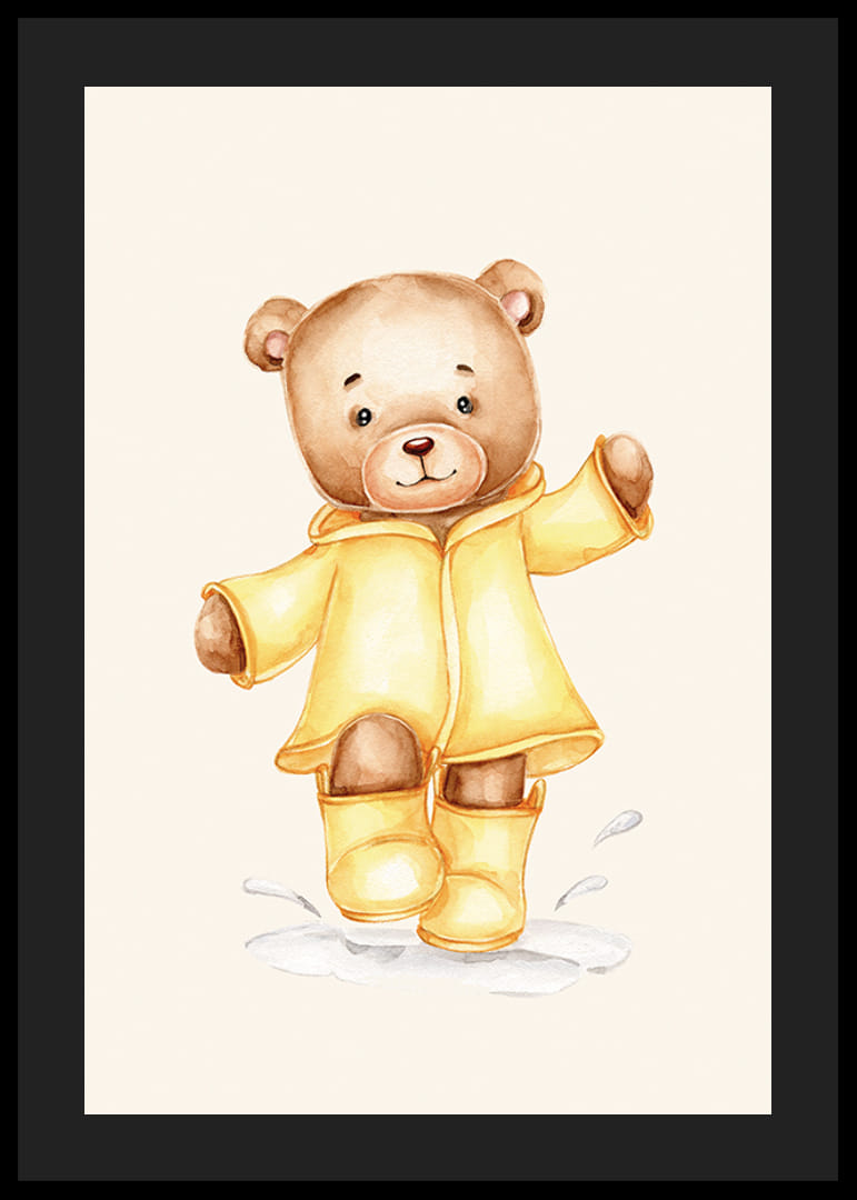 Akvarell illusztrációja plüssmackónak sárga esőkabátban bézs háttérrel-12