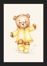 Akvarell illusztrációja plüssmackónak sárga esőkabátban bézs háttérrel-5