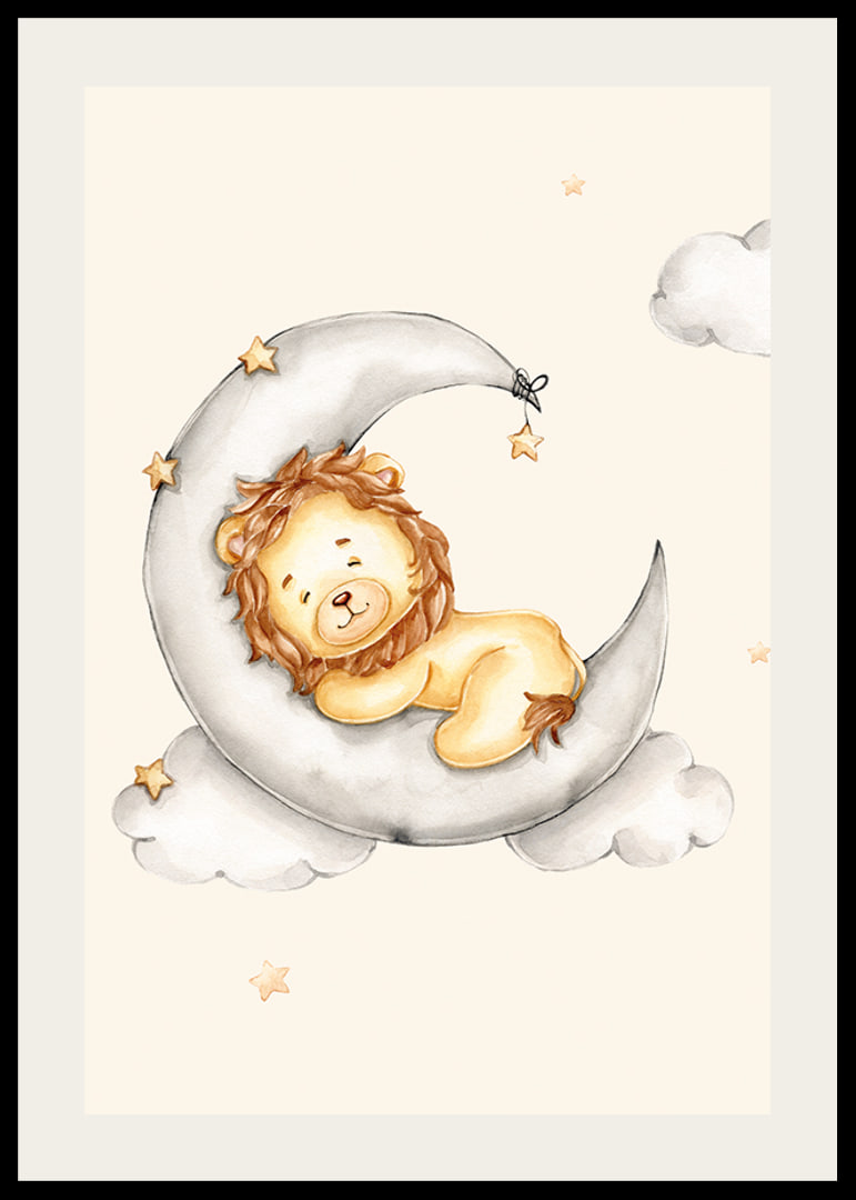 Illustrated lion cub sleeping on the moon among clouds and stars-12