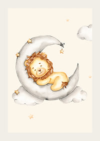 Illustrated lion cub sleeping on the moon among clouds and stars-3