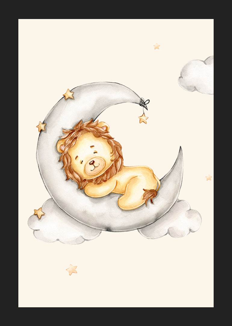 Illustrated lion cub sleeping on the moon among clouds and stars-12