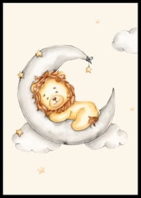 Illustrated lion cub sleeping on the moon among clouds and stars-6