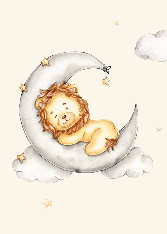 Illustrated lion cub sleeping on the moon among clouds and stars-12
