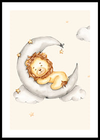 Illustrated lion cub sleeping on the moon among clouds and stars-0