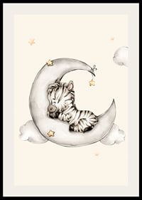 Watercolor illustration of sleeping zebra on crescent moon among clouds-2