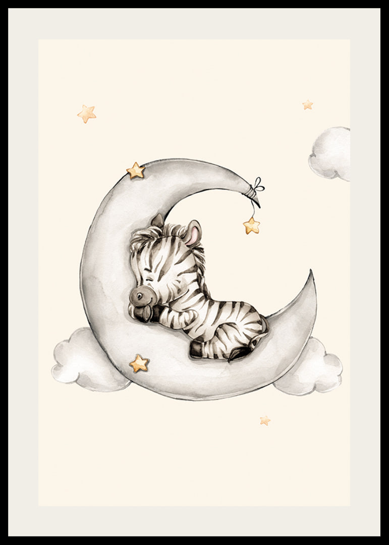 Watercolor illustration of sleeping zebra on crescent moon among clouds-12