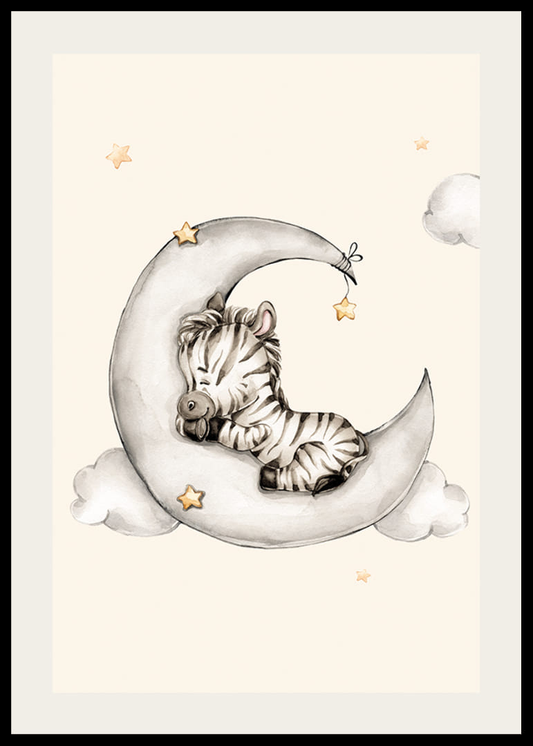 Akvarell illusztrációja alvó zebráról a félholdon a felhők között-12