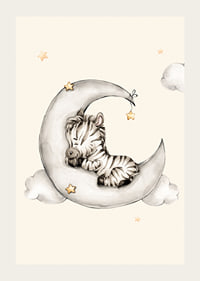 Watercolor illustration of sleeping zebra on crescent moon among clouds-3