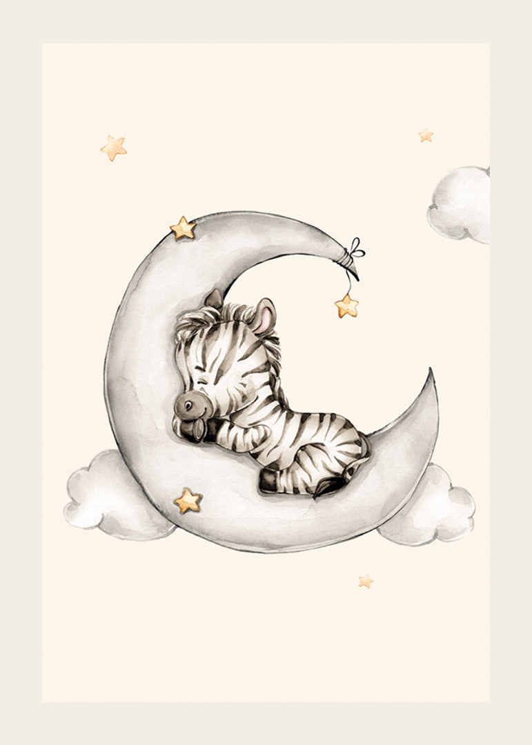 Watercolor illustration of sleeping zebra on crescent moon among clouds-12