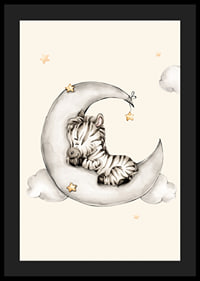 Watercolor illustration of sleeping zebra on crescent moon among clouds-4