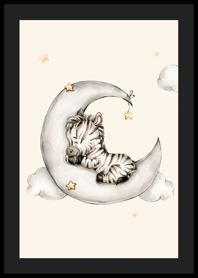 Watercolor illustration of sleeping zebra on crescent moon among clouds-12