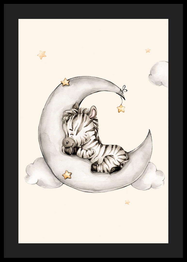 Akvarell illusztrációja alvó zebráról a félholdon a felhők között-12