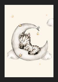 Watercolor illustration of sleeping zebra on crescent moon among clouds-5