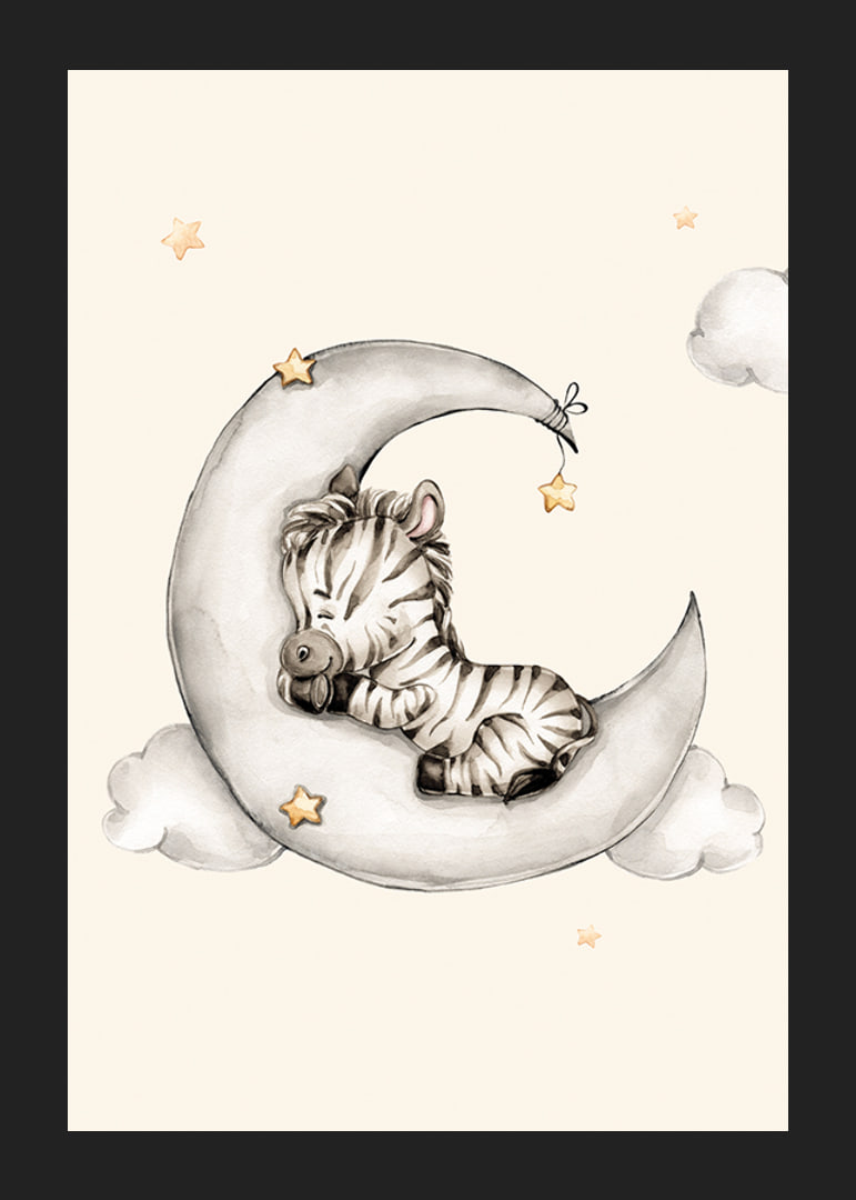 Watercolor illustration of sleeping zebra on crescent moon among clouds-12
