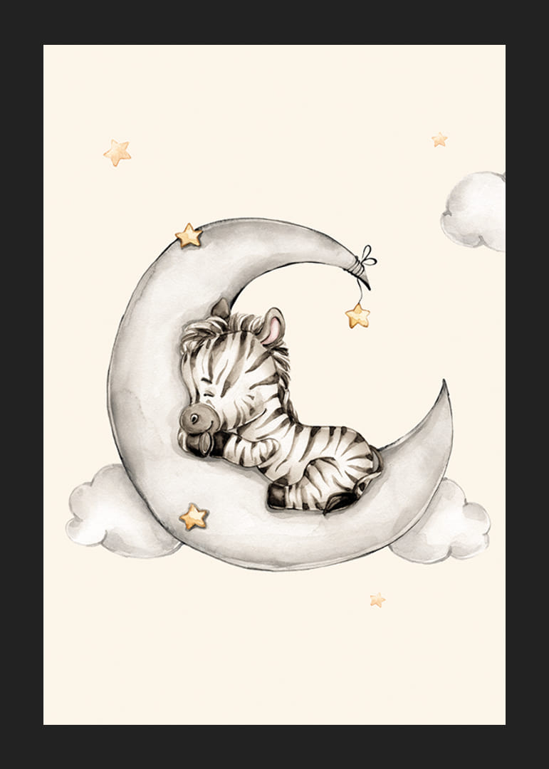 Akvarell illusztrációja alvó zebráról a félholdon a felhők között-12