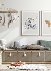 Watercolor illustration of sleeping zebra on crescent moon among clouds-8