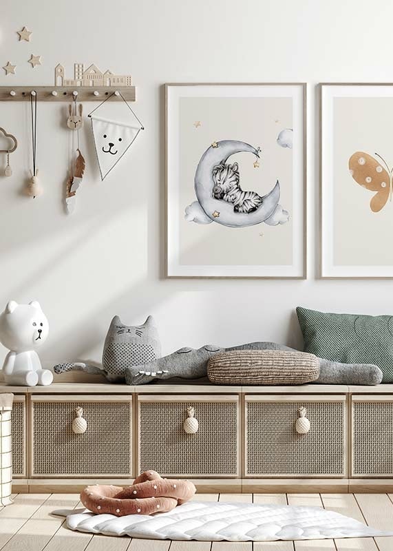 Watercolor illustration of sleeping zebra on crescent moon among clouds-12