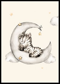 Watercolor illustration of sleeping zebra on crescent moon among clouds-6