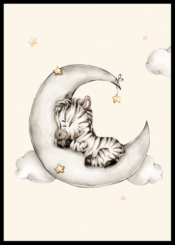 Watercolor illustration of sleeping zebra on crescent moon among clouds-12