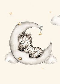 Watercolor illustration of sleeping zebra on crescent moon among clouds-7