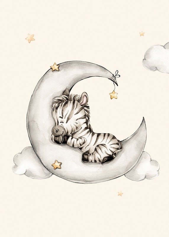 Watercolor illustration of sleeping zebra on crescent moon among clouds-12