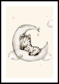 Watercolor illustration of sleeping zebra on crescent moon among clouds-0