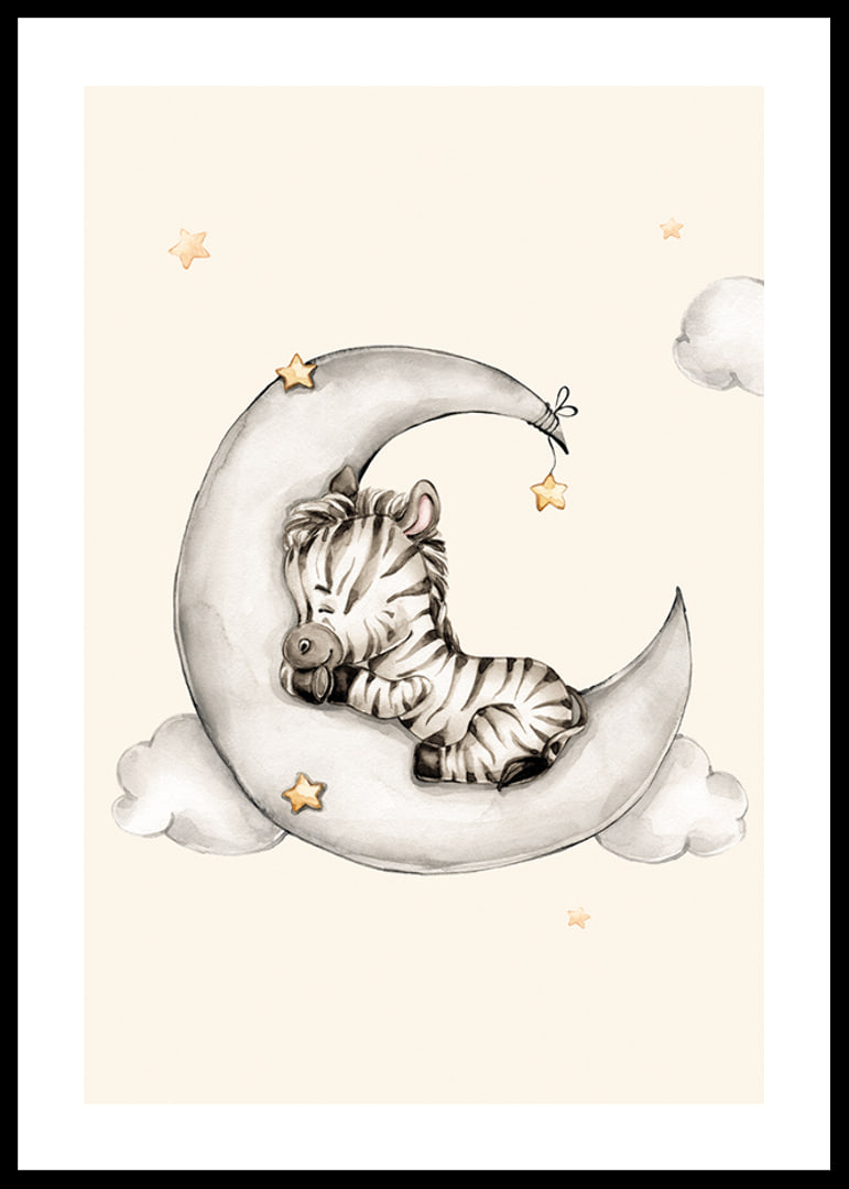 Watercolor illustration of sleeping zebra on crescent moon among clouds-12