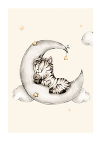 Watercolor illustration of sleeping zebra on crescent moon among clouds-1