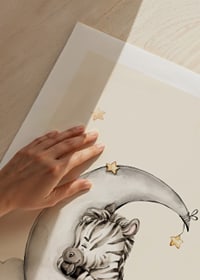 Watercolor illustration of sleeping zebra on crescent moon among clouds-9