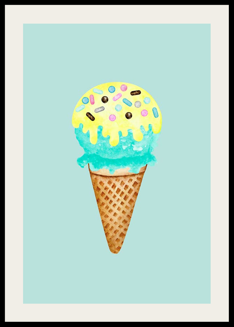 Illustrated ice cream in a cone with blue and yellow ice cream and sprinkles-12