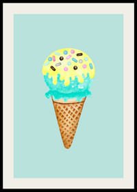 Kuvitettu jäätelö tötterössä, jossa on sinistä ja keltaista jäätelöä ja strösseleitä-2