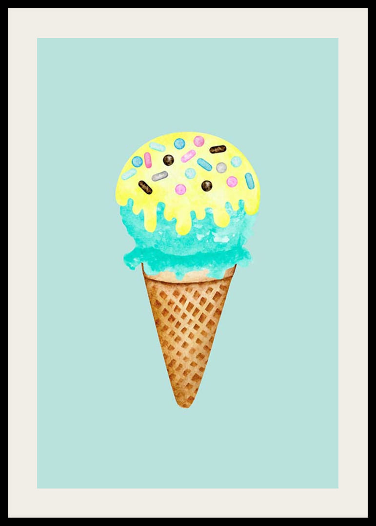 Kuvitettu jäätelö tötterössä, jossa on sinistä ja keltaista jäätelöä ja strösseleitä-12