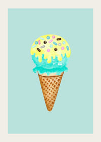 Kuvitettu jäätelö tötterössä, jossa on sinistä ja keltaista jäätelöä ja strösseleitä-3