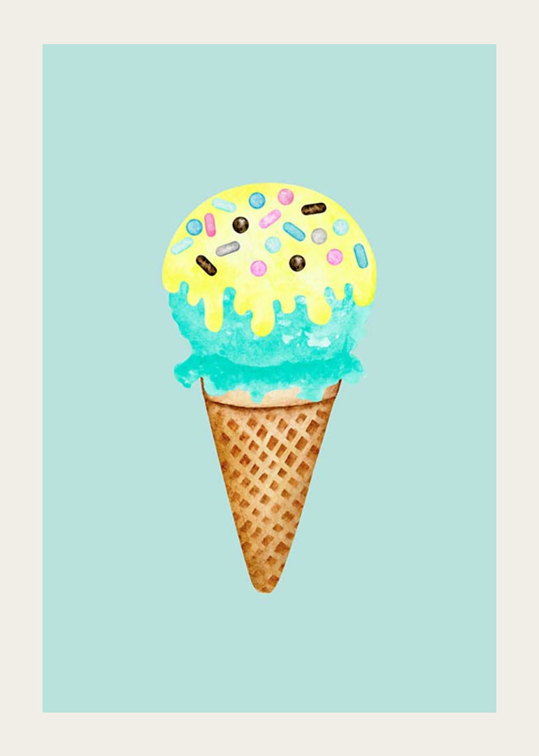 Kuvitettu jäätelö tötterössä, jossa on sinistä ja keltaista jäätelöä ja strösseleitä-12