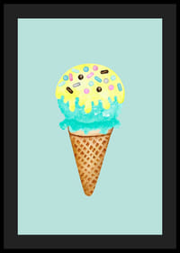 Kuvitettu jäätelö tötterössä, jossa on sinistä ja keltaista jäätelöä ja strösseleitä-4