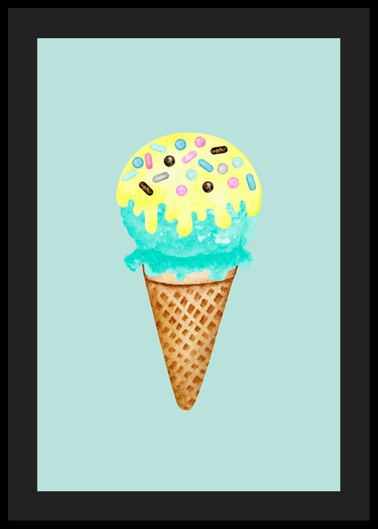 Kuvitettu jäätelö tötterössä, jossa on sinistä ja keltaista jäätelöä ja strösseleitä-12