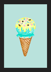 Illustrated ice cream in a cone with blue and yellow ice cream and sprinkles-5