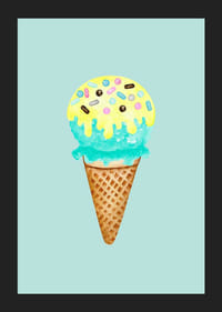 Kuvitettu jäätelö tötterössä, jossa on sinistä ja keltaista jäätelöä ja strösseleitä-5