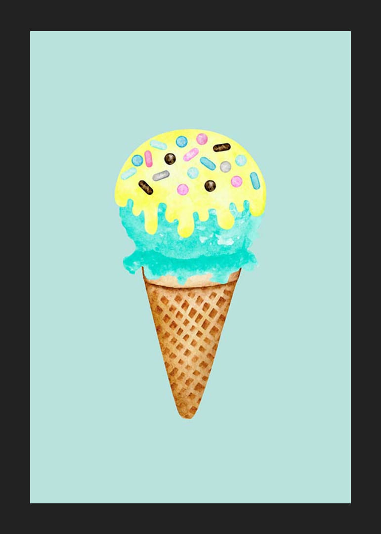 Kuvitettu jäätelö tötterössä, jossa on sinistä ja keltaista jäätelöä ja strösseleitä-12