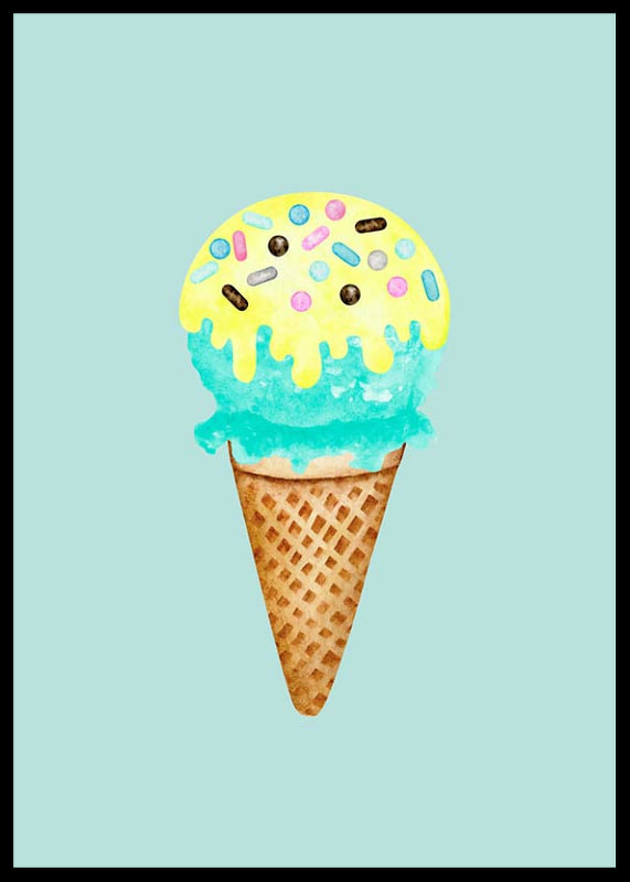 Illustrated ice cream in a cone with blue and yellow ice cream and sprinkles-12