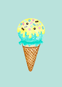 Illustrated ice cream in a cone with blue and yellow ice cream and sprinkles-7
