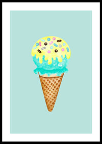 Illustrated ice cream in a cone with blue and yellow ice cream and sprinkles-0