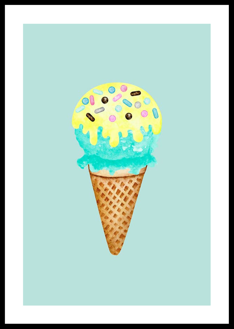Illustrated ice cream in a cone with blue and yellow ice cream and sprinkles-12