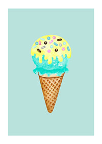 Illustrated ice cream in a cone with blue and yellow ice cream and sprinkles-1
