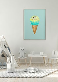 Illustrated ice cream in a cone with blue and yellow ice cream and sprinkles-8